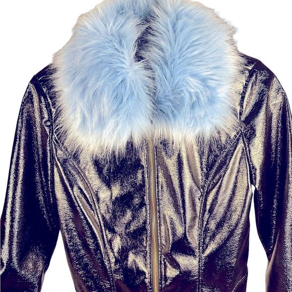 NWOT Who What Where Black Vynil Jacket With Detachable Blue faux Fur Collar. SM - Picture 2 of 7